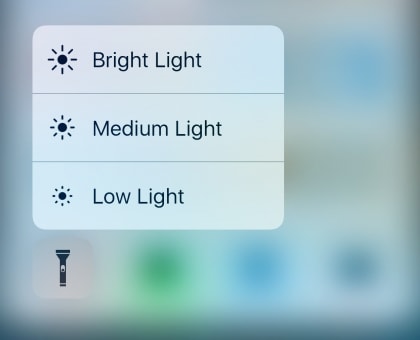 3D touch provides brightness level when pressed on flashlight
